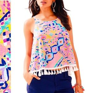 Lilly Pulitzer Auden Tank Top 100% Cotton Multicolor with White Pom Pom Hem